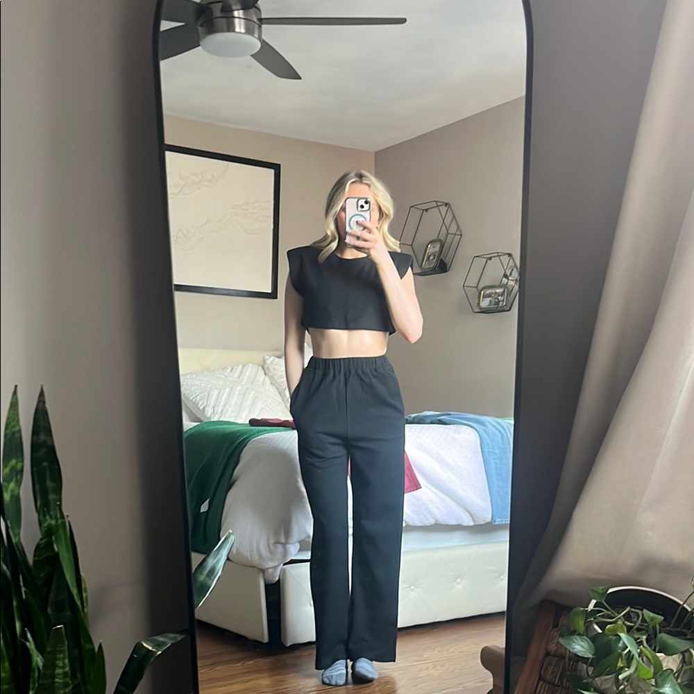 Black waffle knit set